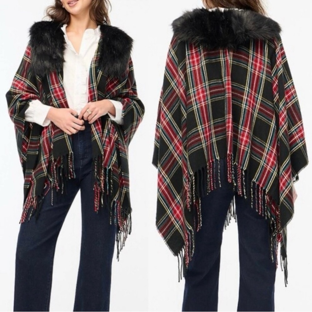 J. Crew Red Plaid Faux Fur Trim Wrap Shawl Cape NWT Fringe Tartan Preppy Work